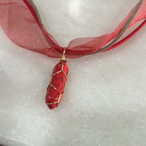 Red Ribbon and Vegan Leather with Howlite Pendant Necklace - Picture 5 of 5